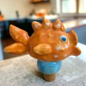 Ceramic Artist Clay Bottle Stopper Beachy Goldfish Whimsical Blue Eyed Polka
Dot